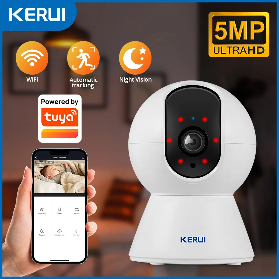 KERUI 5MP 4K WLAN-IP-Kamera Kompatibel mit Tuya Kabellose Smart Home Sicherheitskamera für Innenräume mit Menschenerkennung und Automatischer Verfolgung