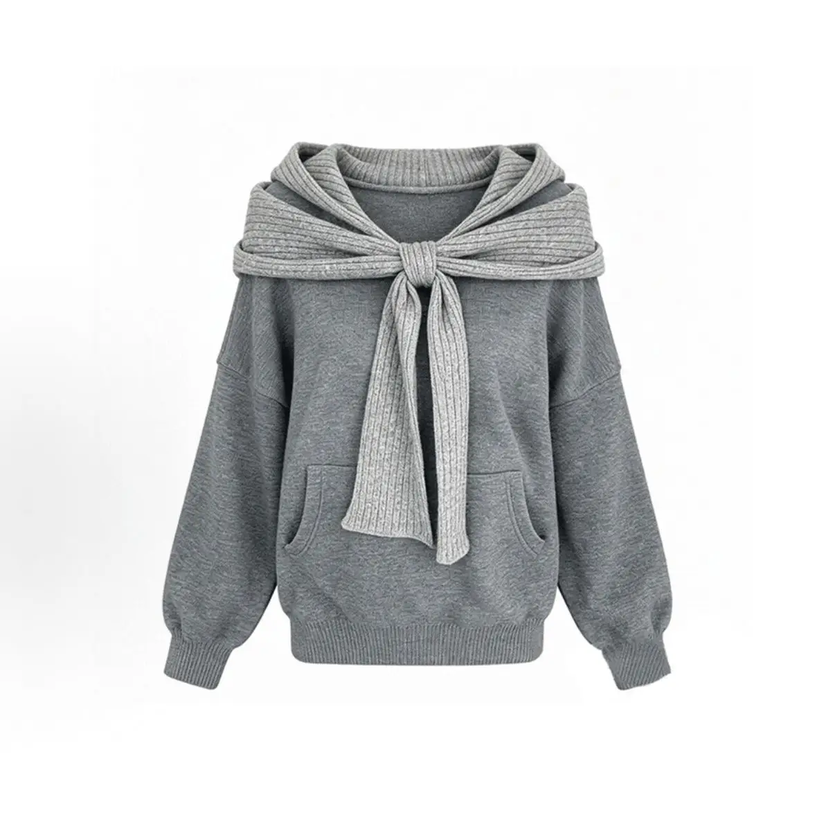 Women Off Shoulder Sweatshirt Big Knit Bow Lantern Long Sleeve Oversized Kangaroo Pocket Sweet Streetwear Fall Winter Top