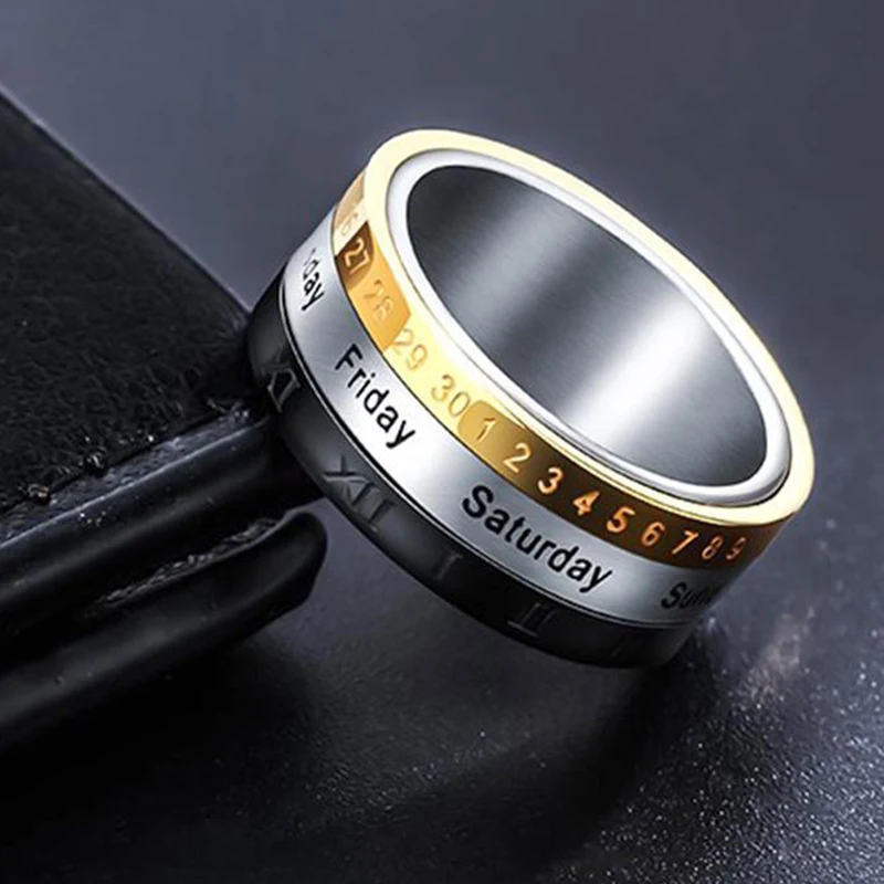 Finger Ring Titanium Steel Cool Punk Spinner Male Date Time Calendar Creative Rotatable 3 Part Roman Numerals Anxiety Fidget Rings
