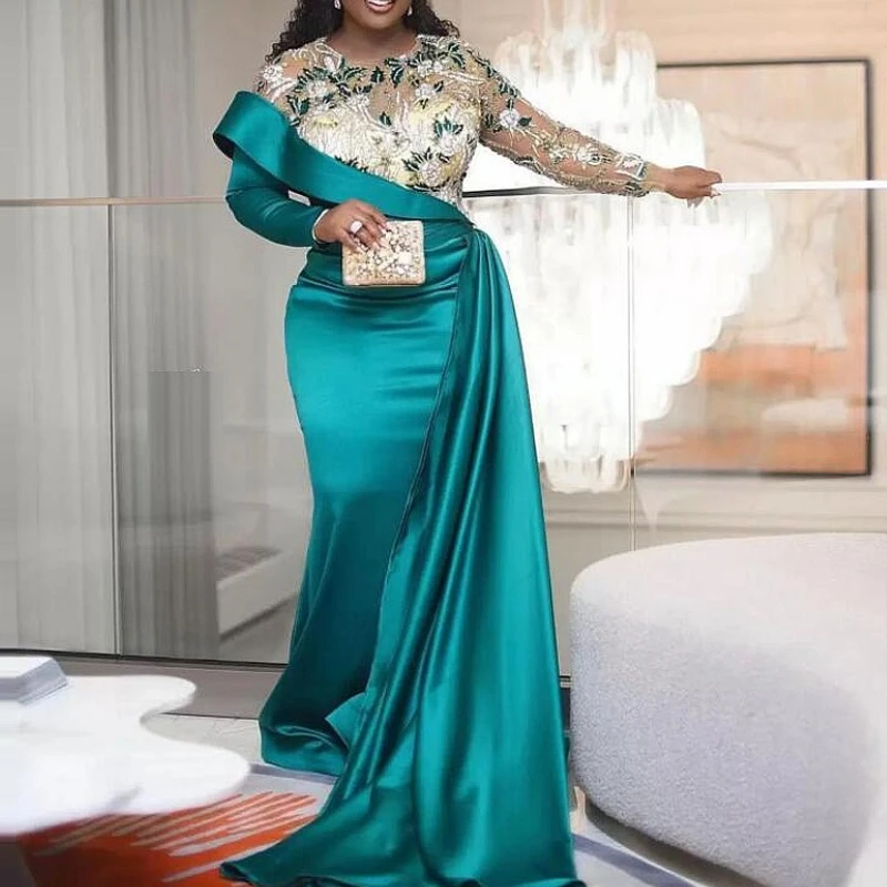 

Teal Long Sleeves Evening Dress For African Women Beads Appliques Aso Ebi Formal Party Gowns Mermaid Prom Dress Side Train