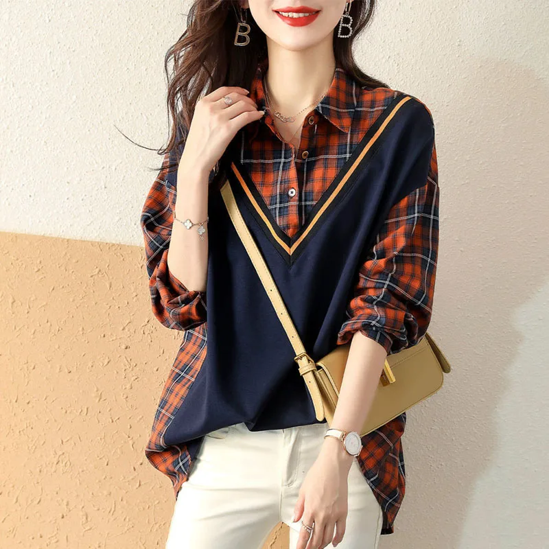 Fashion Printed Button Spliced Fake Two Pieces Plaid Blouse Women's Clothing 2022 Autumn New Casual Pullovers Loose Korean Shirt