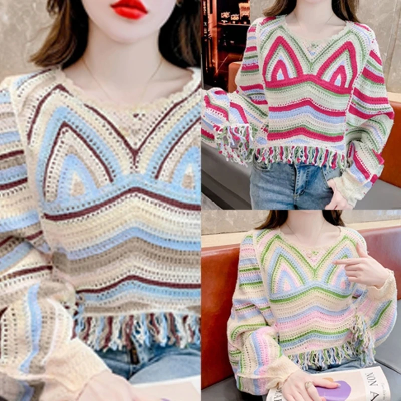 

Womens Cropped Knit Top Long Sleeve Crochet Hollow Out Pullover Sweater Crop Top