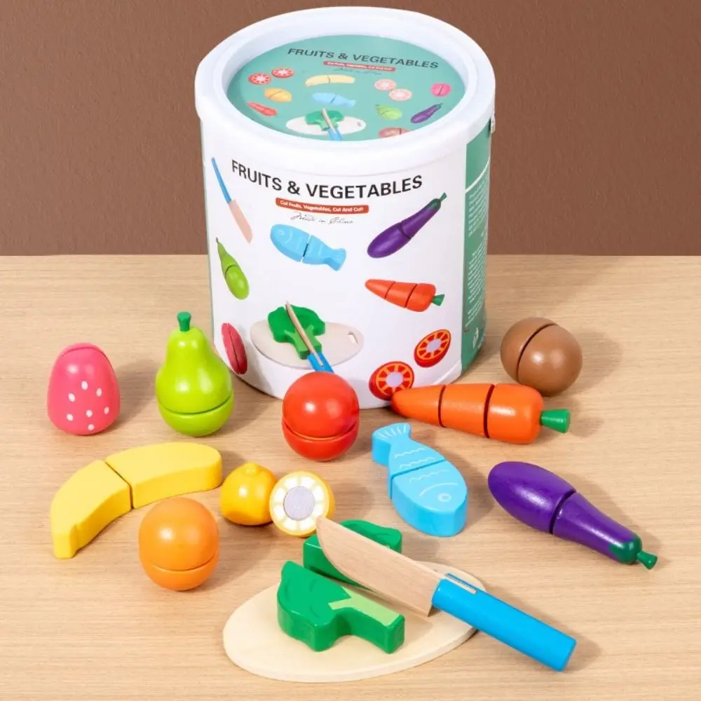 Wooden Fruit Cutting Toy Educational Features Simulation Simulation Kitchen Toy Magic Sticker Bucket Style