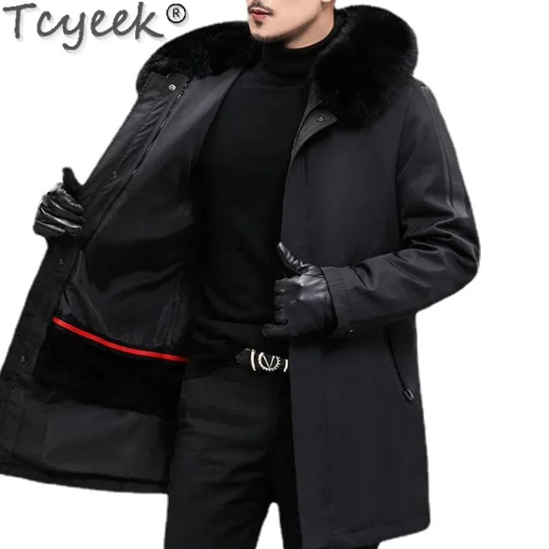

Tcyeek Winter Jacket Men Clothes Men’s Parkas Rabbit Liner Hooded Coat Silver Fox Fur Collar Tide Midi-length Thickened Fur Coat