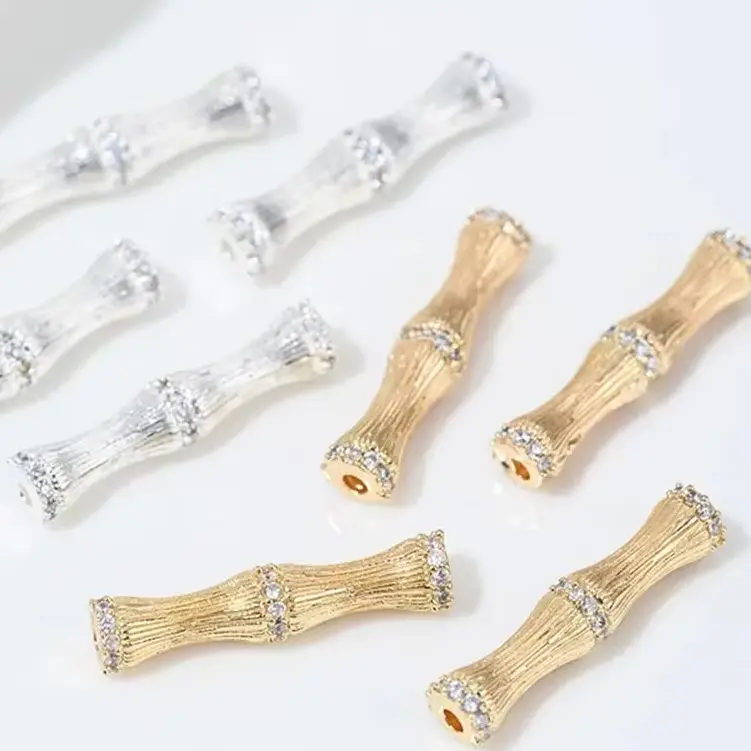 14K 금도금  지르코늄 인레이드 대나무 롱 튜브 비드 스페이서 엘보 펜던트 DIY 팔찌 목걸이 주얼리