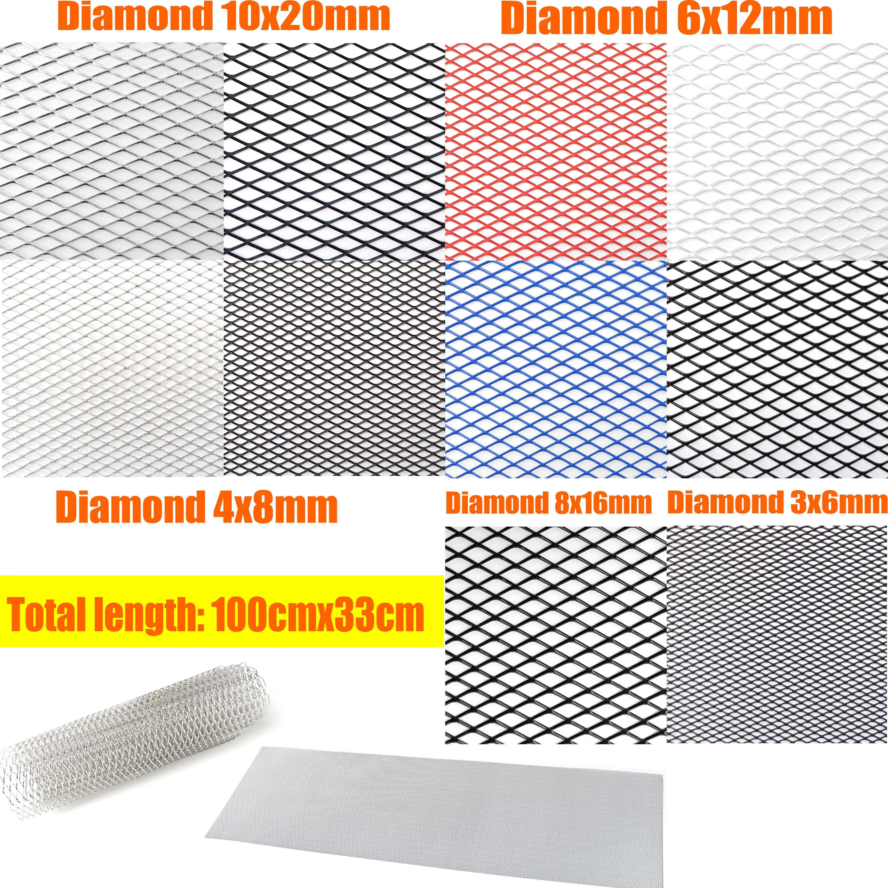 100x33cm Diamant Loch Aluminium Racing Auto Stoßstange Grille Grill Mesh Net Vent Schwarz Silber Rot Blau Tuning universal