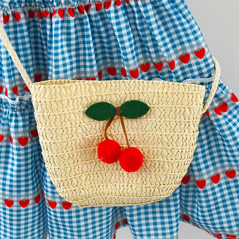 Baby Girl Summer Dress Sleeveless Round Neck Plaid Heart Cherry Cotton Skirt Diagonal Cross Bag 2 Pcs girls dress baby girl dress