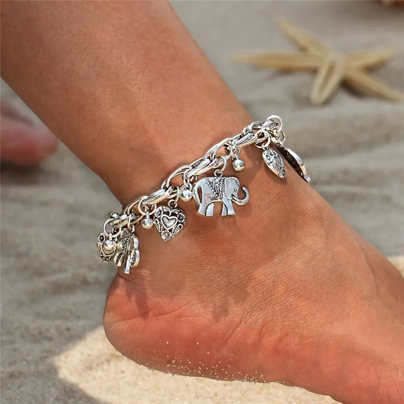 

Huitan Boho Elephant Chain Ankle Anklets for Women Metal Silver Color/Gold Color Heart Charms Bracelet on the Leg 2022 Jewelry