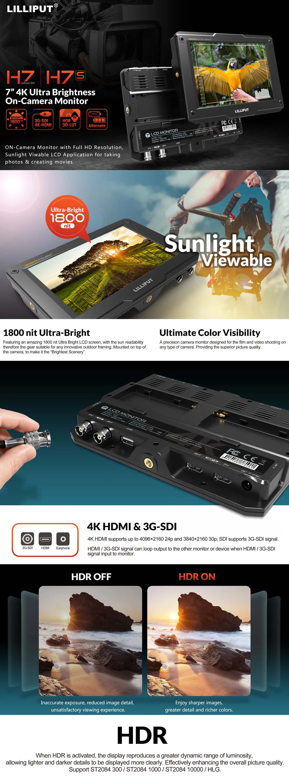 H7S 7 inch 1800nits ultra bright HDMI-compatible SDI on-camera monitor