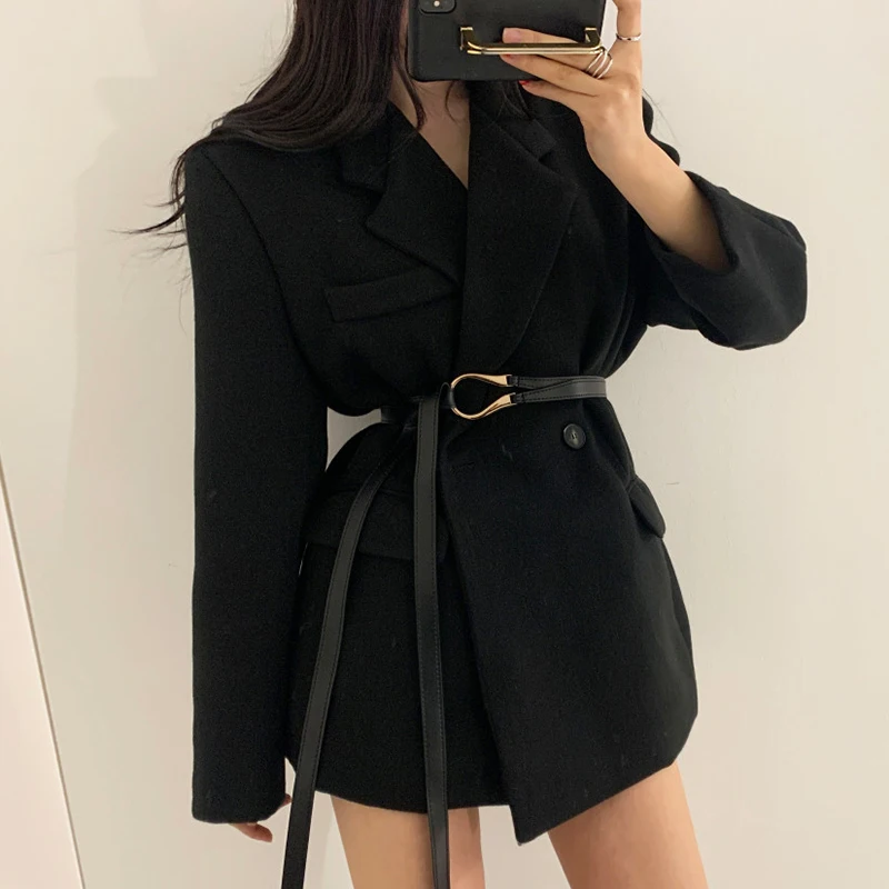 Long Sleeve Thick Turn-down Collar Double Breasted Minimalist Korean Ladies Jacket Women Autumn Winter Short Coat with Belt