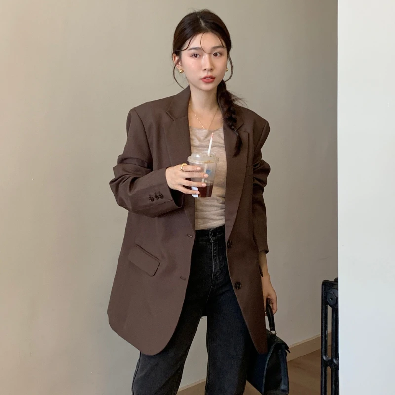 

Woman's Autumn Retro Casual Short Suit Jacket Commuter British Style Solid Color Loose Single-breasted Loose Suit Collar Jacket