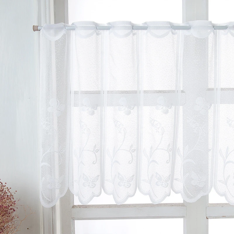 White Lace Window Short Curtains Cafe Bar Dustproof Half Drapes Cabinet Partition Curtain Rod Pocket Windows Sheer Curtains 3