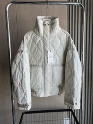 Elegant Quilted Women's Coat with Drawstring High Neck and Pocket Clips in Beige - XS (WHITE)