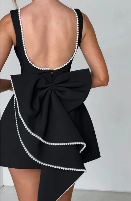 Robe Courte Chic à Nœud Perlé pour Femme, Mini-Robe Décontractée Dos Nu, Blanc, Noir, Rose, pour Invitée de Mariage, Demoiselle d'honneur, Anniversaire, Été
