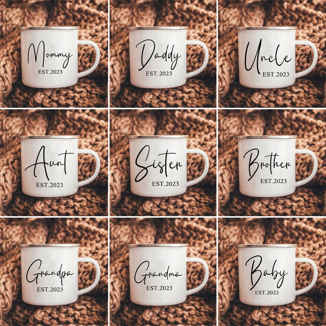 

Mom Dad Est 2023 Enamel Mugs Family Matching Party Beer Drink Juice Coffee Cups Personalized Parents Mug Baby Announcement Gifts