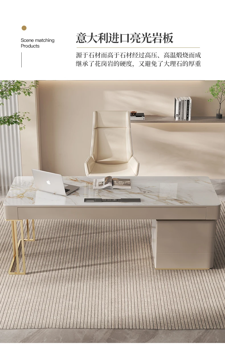 Italian Style Glossy Rock Slab Office Desk Designer Nordic Light Luxury Office Desk Simple Modern Writing Desk Luxury Furniture