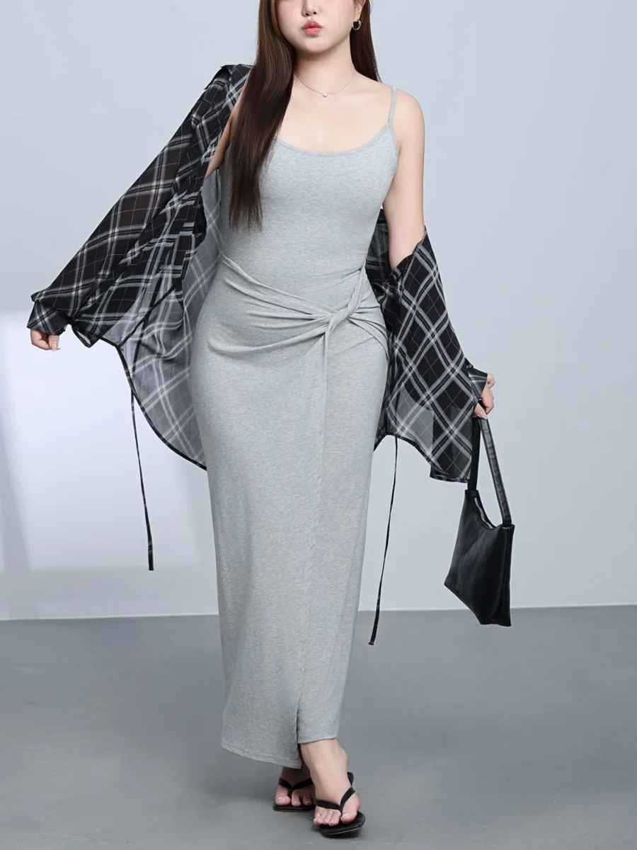 Plus Size French Hot Girl Twisted Knot Waist Slim Sexy Premium Knitted Front Slit Design Spaghetti Strap Dresses For Women