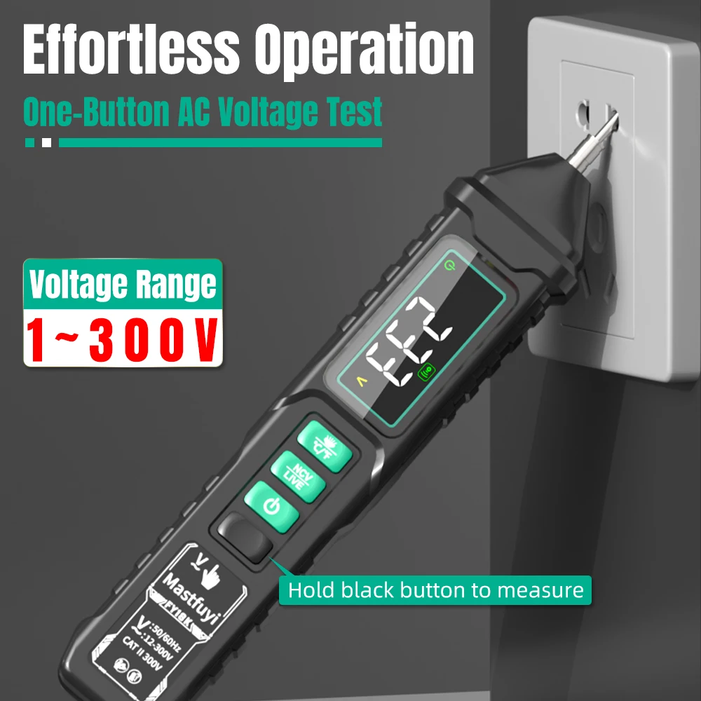 MASTFUYI AC 전압 검출기 12V-300V 비접촉 유도 테스터 펜 라이브 와이어 식별 손전등이있는 LCD 화면
