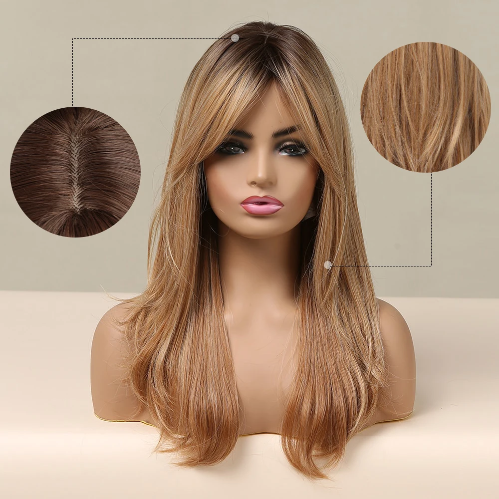 ALAN EATON Long Natural Wave Wig for Women Ombre Black Brown Golden Blonde Synthetic Wigs with Bangs Cosplay Heat Resistant Hair image_1
