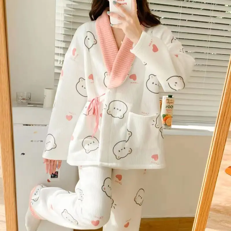 Autumn Winter Thick Cotton Padded Maternity Nursing Sleepwear Sets Loose Cardigan Feeding Pajamas Suit Pregnancy Postpartum Wear