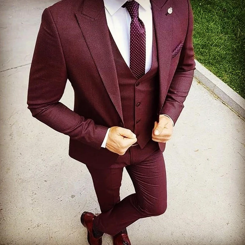 

3 Piece Burgundy Suits for Men 2024 Slim Fit Wedding Blazer Groomsmen Prom Party Tuxedo Elegant Dress (Jacket+Vest+Pants)