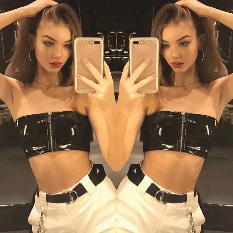 

New Sexy Strapless Tube Top for Women Summer Street Style PU Leather Zipper Crop Tops Women Vogue Bandeau BrasTops Underwear