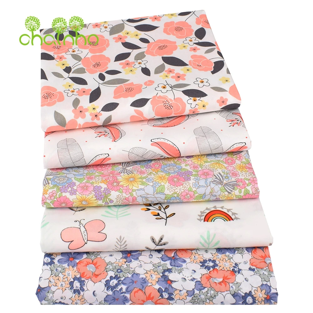 Chainho,Printed Twill Weave Cotton Fabric,DIY Sewing Quilting Material,Patchwork Cloth,5 Designs Pink Series,2 Sizes,15C200