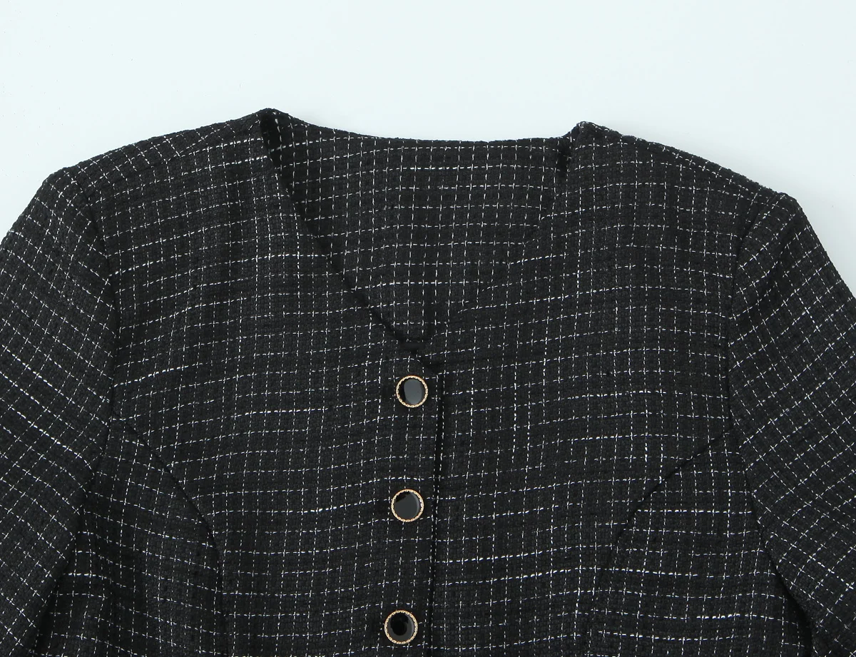 French Style Retro V collar Plaid Woven Tweed Blazer + High Waist Mini Short Skirts Suits 2 pieces 1 Set Black White