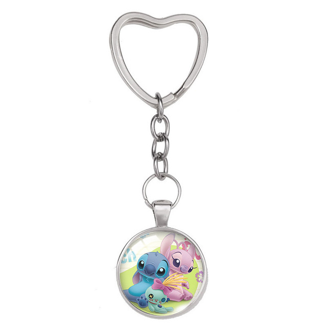 Lilo & Stitch Anime Figure Alloy Glass Heart-shaped Key Ring Key Chain Bag Accessories Children's Toys Birthday Gifts