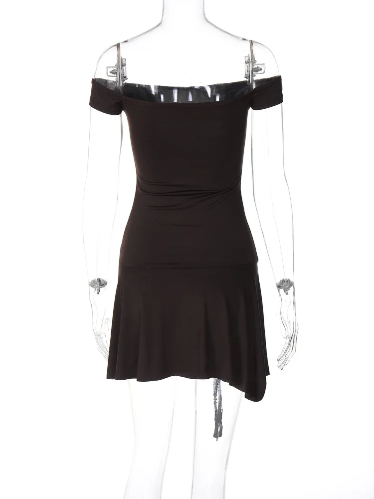 Vestido mini sexy sin mangas con hombros descubiertos y sin tirantes para mujer, con volantes en los bordes, ajustado con cinturón, para fiesta y club.