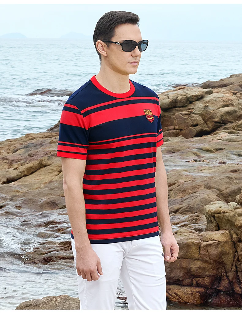 New Straight Men's Short T-shirt Round Neck Bruce&Shark Fashion Men's Stripe Tee Stretch Cotton Summer Breathable Tops Big Size 26 Sb9a9a3eac94747a38fdc742a2c7a41eaB