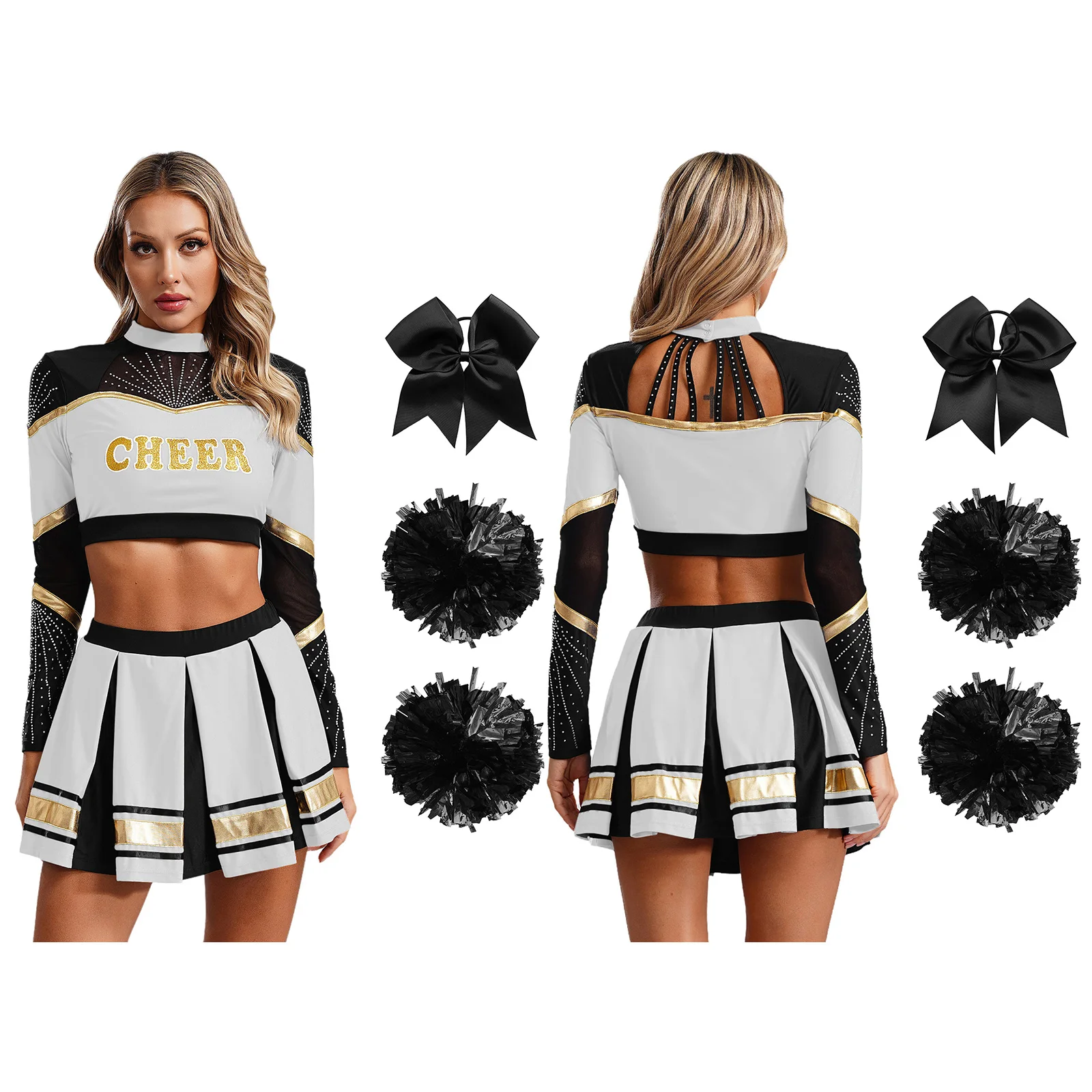 Women Cheerleading Cheer Performance Costume Dance Cosplay Outfit Long Sleeve Crop Top And Pleated Skirt Flower Balls Stocks Set