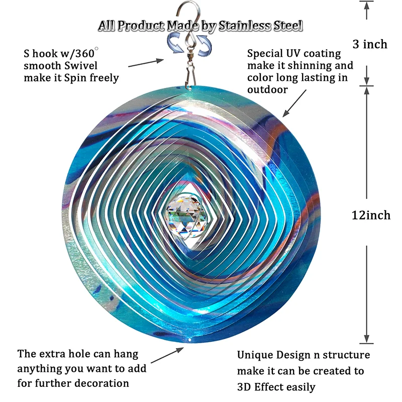 PSATHENATI Mandala Wind Spinner w/Crystal Ball 3D Stainless Steel Hanging Worth Gift Christmas Decoration Indoor Yard Art 12in