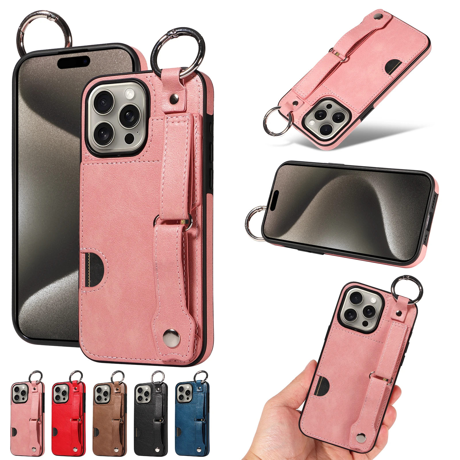 Wristband Ring Holder Cards Solt Wallet Leather Case For iPhone 15 Pro Max 14 Plus 13 12 11 XS SE2022 Pocket Bag Kickstand Cover_voghion.com