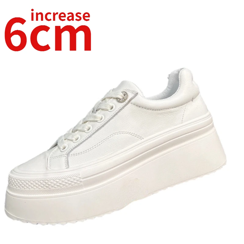 

Street Fashion Style Heighteneg Casual Shoes Women's Increase 6cm Thick Sole Genuine Leather Breathable White Sports Shoes Women