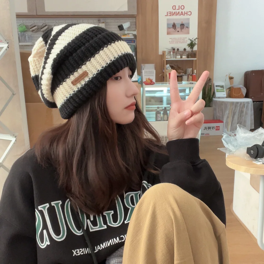 Talvi paksu lanka neula raidallinen neulottu hattu päävyö kasvot pieni rento päiväjärjestelmä kaikki ottelut villainen nukkahattu_voghion.com