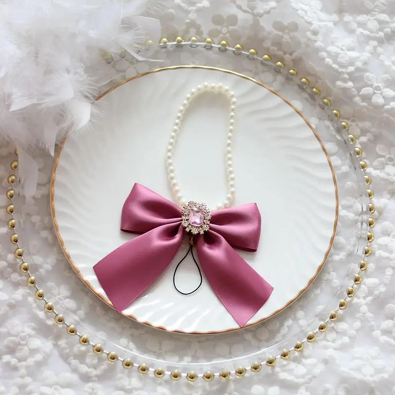 Japanese Handmade Mobile Phone Charm Halter Pearl Rhinestone Bow Pearl Chain Bag Pedants Cute Girl Hand Carrying Chain Pedants