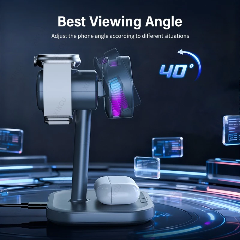 3 IN 1 마그네틱 qi2 25W 무선 충전 스탠드 LED 라이트 에어 쿨링 고속 충전 아이폰 1712 에어팟 프로 3/2 애플 워치용