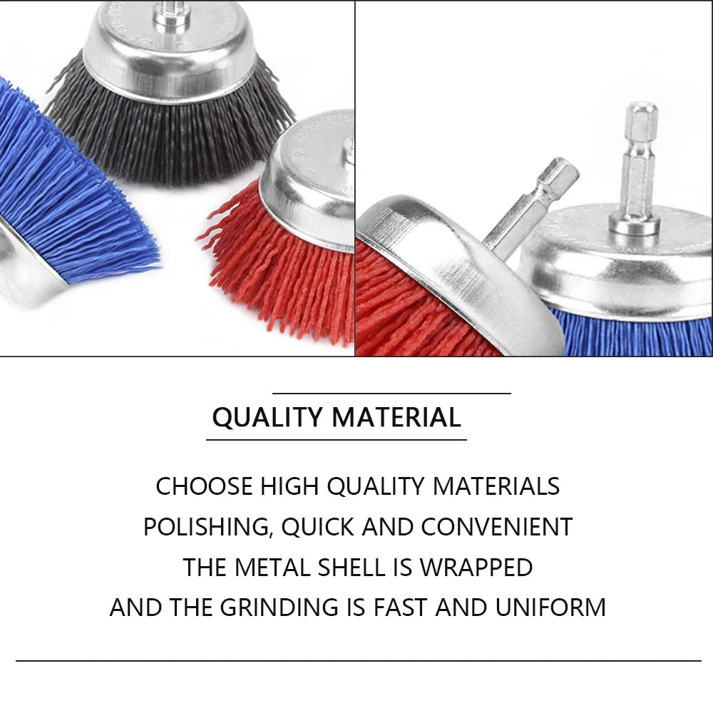 SIFANG 75mm Nylon Cup Brush Wood Polishing Wire Wheel Brush With Hexagonal Shank Abrasive Rust Removal Drill Rotary Tool Brush 3