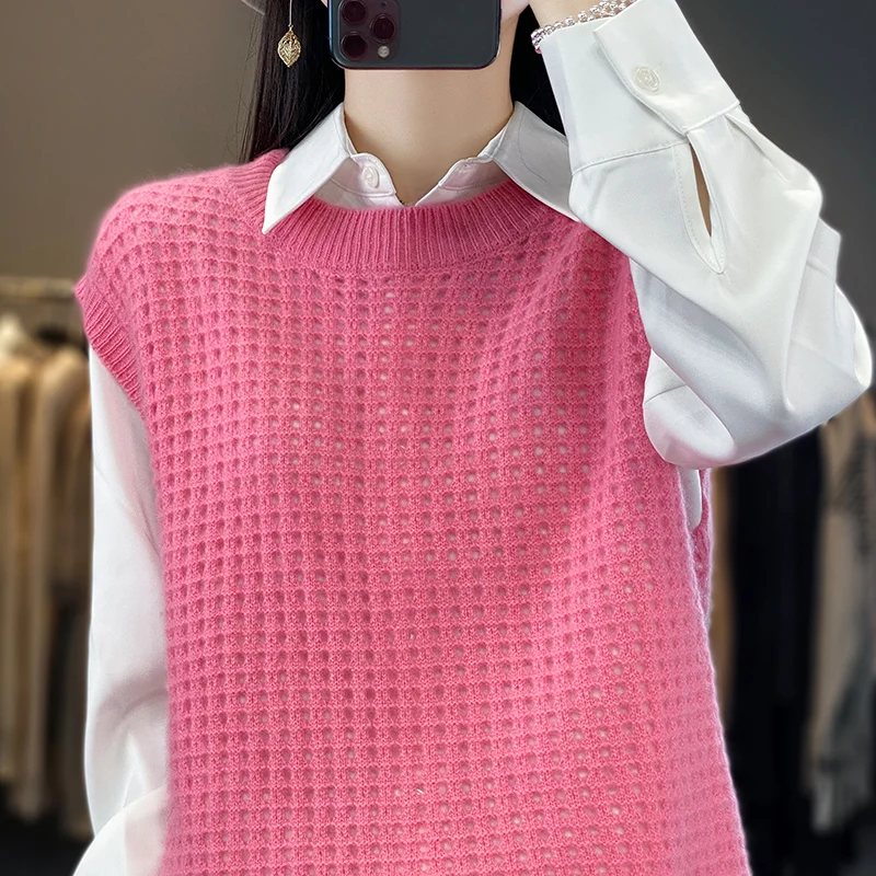 

Women's Sweater Vest 100% Merino Wool Sweater Vest 2024 Spring Autumn Fashion O-neck Hollowing out Sleeveless Tops Knit Pullover