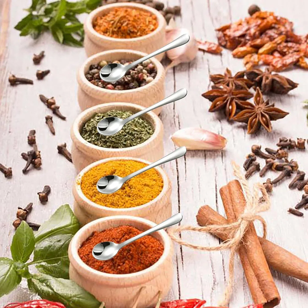 8pcs Stainless Steel Seasoning Spoon Small Round Spoon Mixing Polished Home Kitchen Tableware 7.5x1.6cm ﻿