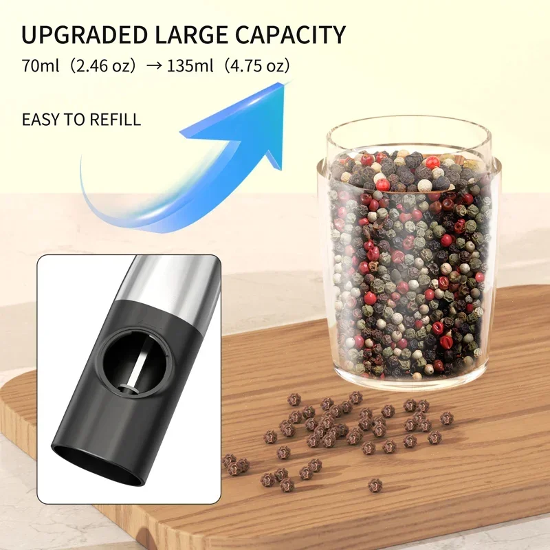 2Pcs Electric Automatic Mills Gravity Sensing Salt and Pepper Grinder Adjustable Coarseness Pepper Spice Grinder with Led Light
