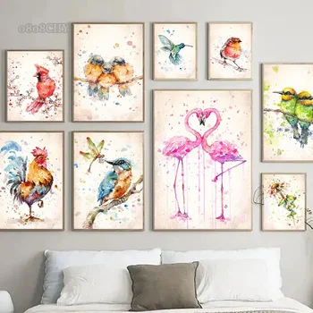 Acquerello Abstact Art Uccelli Flamingo Gallo Fiori Farfalla Pittura su tela Poster e stampe per la decorazione domestica Murale Wall Art