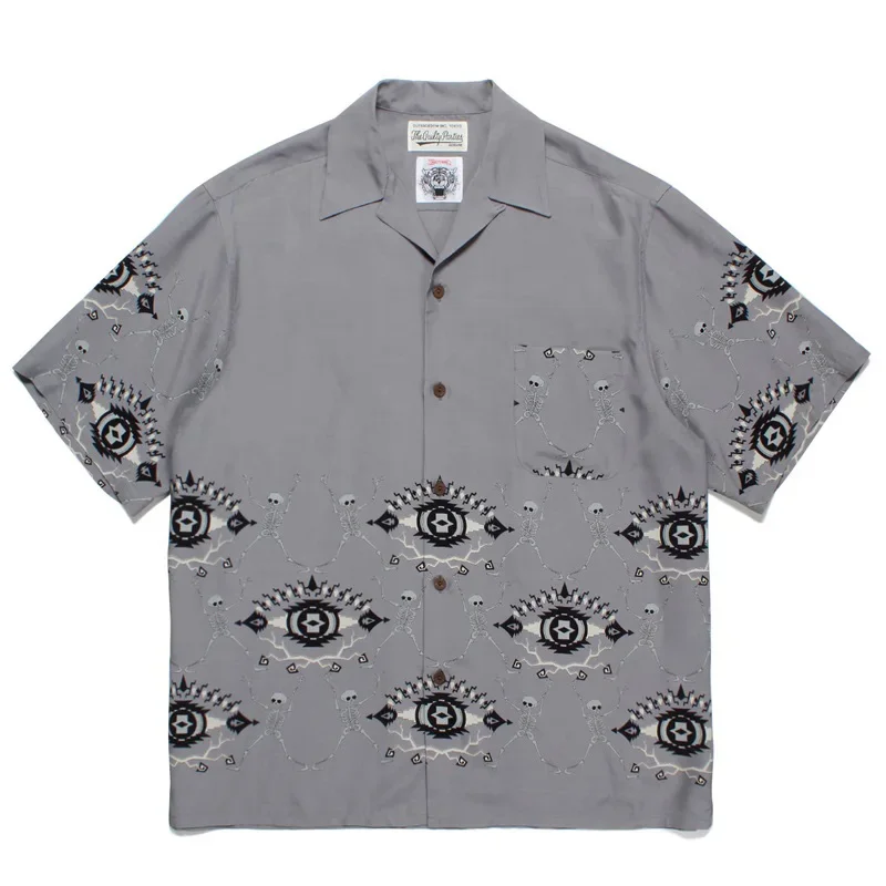 

Wacko Maria Hawaii Beach Shirts Oversized Best Quality Grey Skull Spider Print Shirts