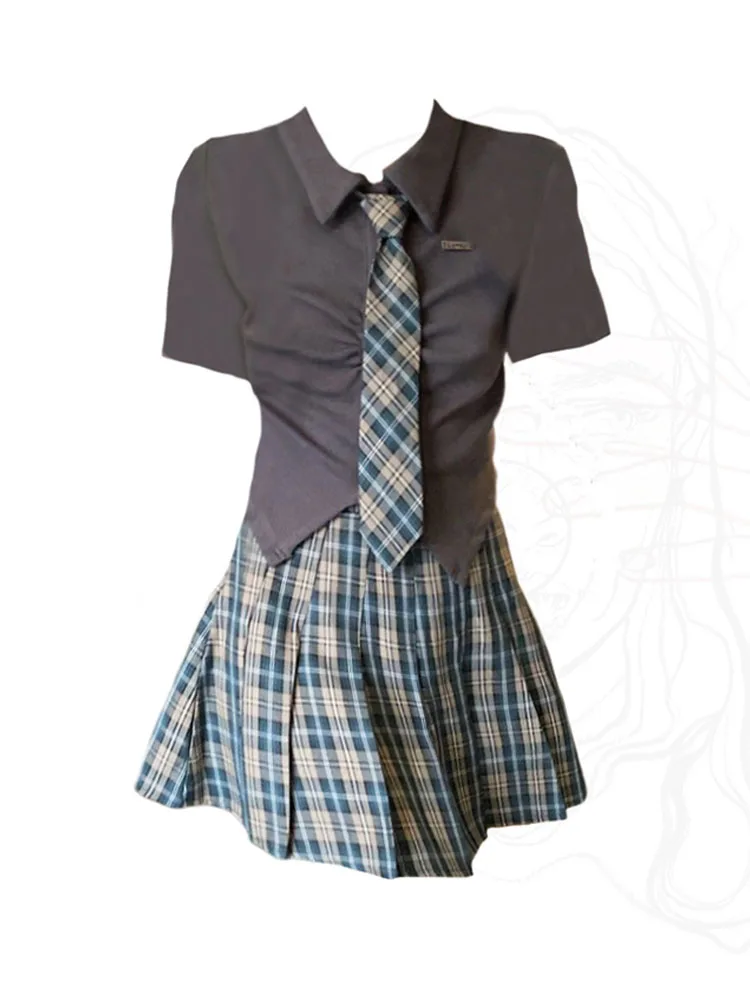 

Korean Preppy Style Outfits 2 Piece Skirt Set Gyaru Polo-Neck Blouses + Classical Plaid Pleated Skirt Contrasting Colors Grunge