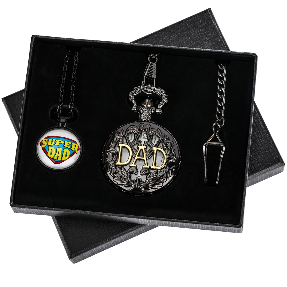 Practical Exquisite Father's Day Gifts Super Dad Necklace Accessories Retro Quartz Pendant Waist Chain Clock Gift Box with Card