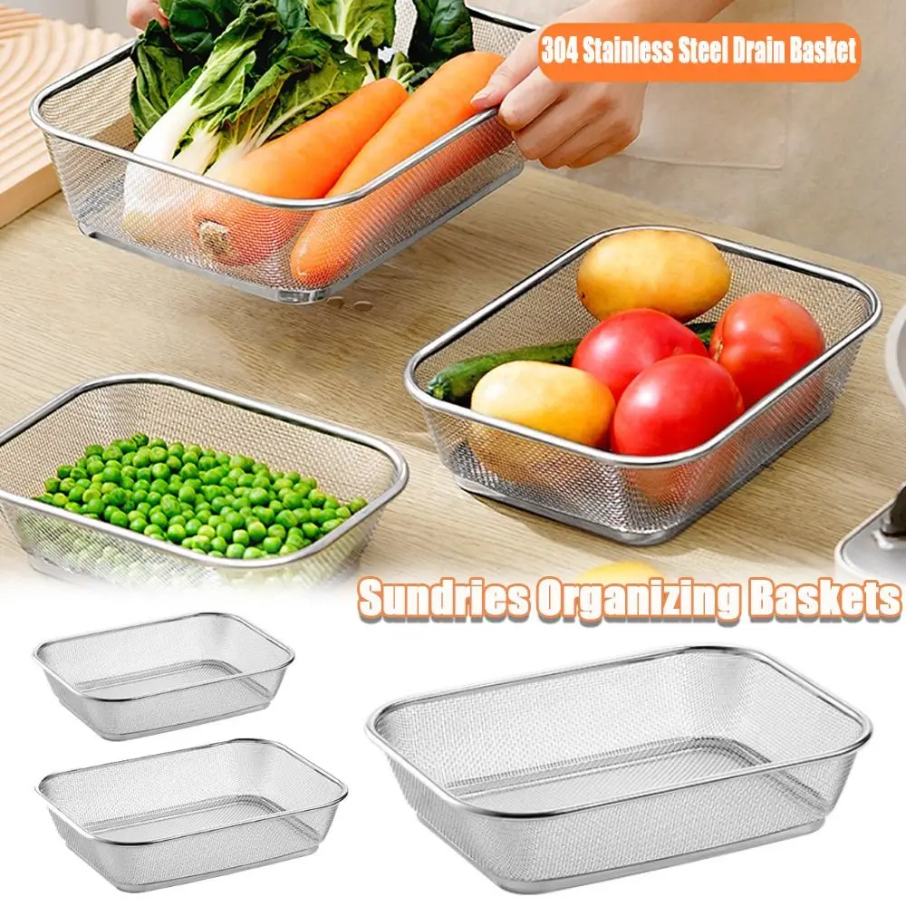 Simple Square Drain Basket Stainless Steel Thickened Fruit Snack Plate Hollow Out Rice Washing Basin