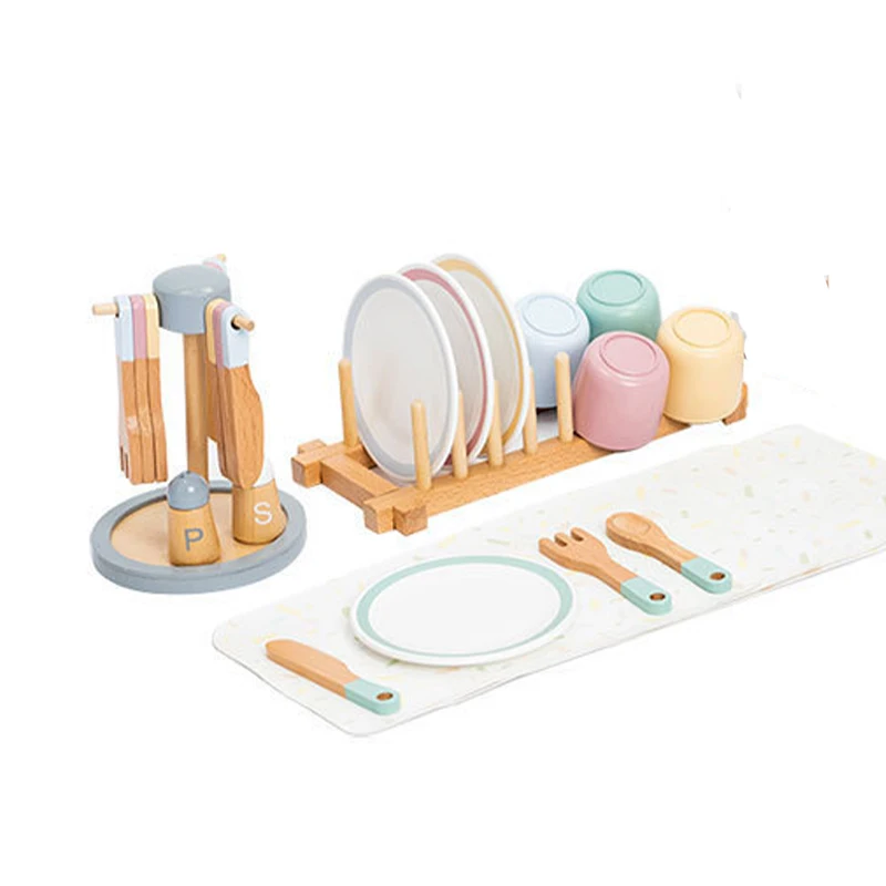 Children Wooden Kitchen Toy Simulation Western Tableware Set Toy Pretend Play House Toys Kids Cooking Girls Birthday Gifts