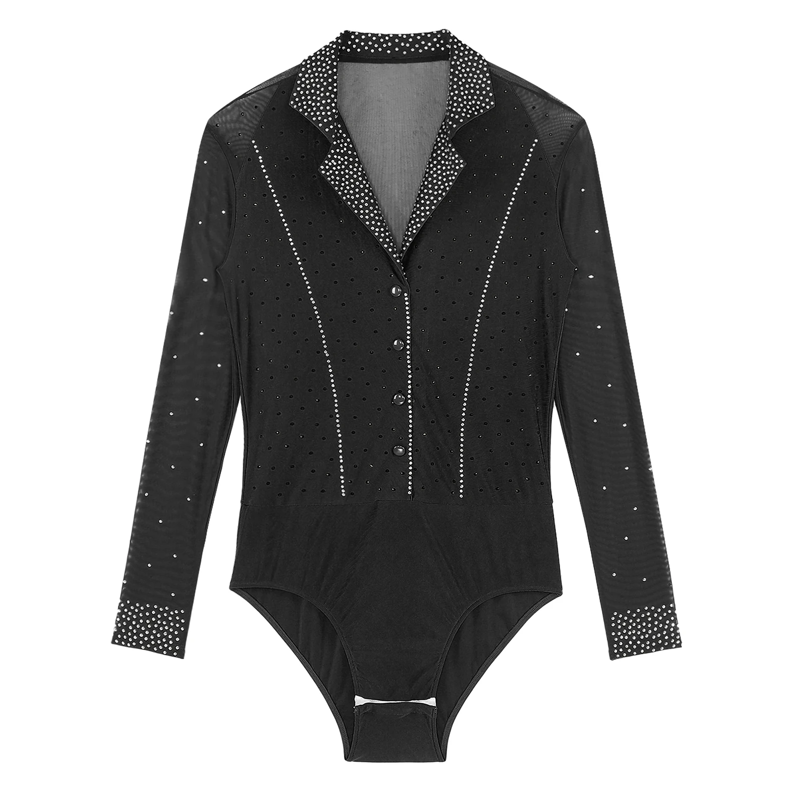 Mens Shiny Rhinestones Latin Tango Rumba Dance Shirt V-neck Long Sleeve Jumpsuit Ballroom Leotard Bodysuit Shirt Tops Dancewear dance shirts
