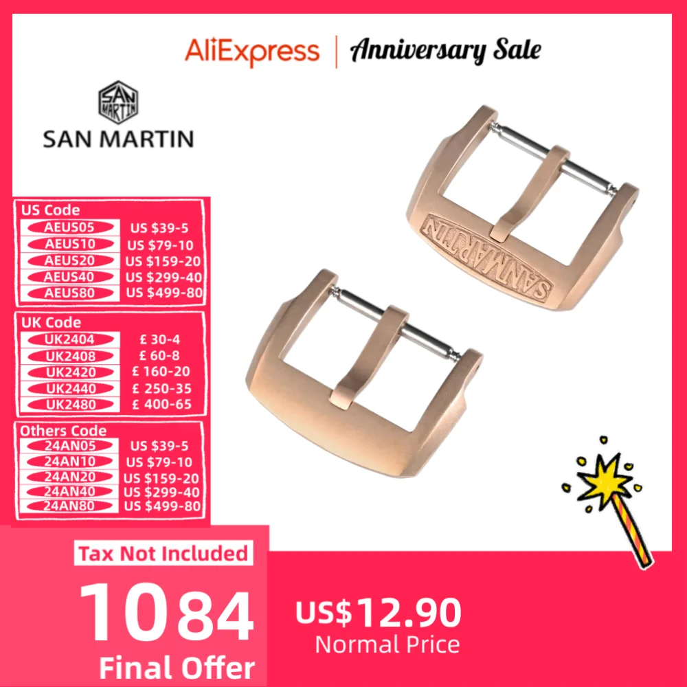 

San Martin Logo Bronze Pin Buckles 18mm Watch Clasp 20mm For Strap Sterile 22mm Boucle Fibbia Orologio Brushed Durable DIY